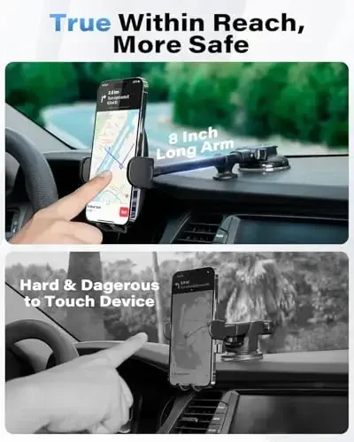 1Zero Solid Car Truck Phone Mount Holder with Thick Gooseneck Long Arm, Windshield Window Mobile Holders w/Industrial-Strength Suction Cup, Anti-Shake Stabilizer Compatible All Cell Phones, Black - 2