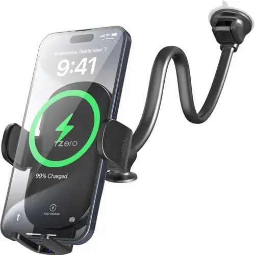1Zero Solid Car Truck Phone Mount Wireless Charger Holder with 14-Inch Gooseneck Long Arm for iPhone 15 Pro Max Plus 14 13 12 11 XS X Samsung S24 Ultra S23 S22 S22 S21 S20 Pixel 9 Pro XL 8 7 6 5 4 - 1ZERO
