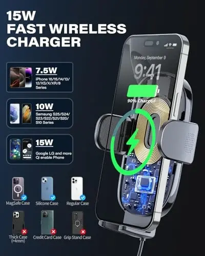 1Zero Solid Car Truck Phone Mount Wireless Charger Holder with 14-Inch Gooseneck Long Arm for iPhone 15 Pro Max Plus 14 13 12 11 XS X Samsung S24 Ultra S23 S22 S22 S21 S20 Pixel 9 Pro XL 8 7 6 5 4 - 6