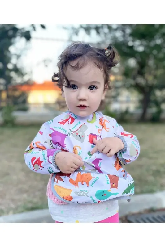 2-4yaş, Zoo, Sıvı Geçirmez, Makinede Yıkanabilir, Cepli, Uzun Kollu Bebek Mama Önlüğü, Önlük - YORNI