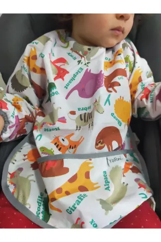 2-4 yaş, Zoo, Sıvı Geçirmez, Makinede Yıkanabilir, Cepli, Oeko-tex 100, Uzun Kollu Bebek Mama Önlüğü - 1