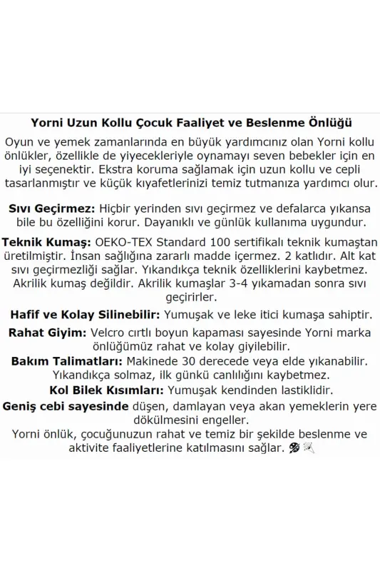 2-4 yaş, Zoo, Sıvı Geçirmez, Makinede Yıkanabilir, Cepli, Oeko-tex 100, Uzun Kollu Bebek Mama Önlüğü - 5