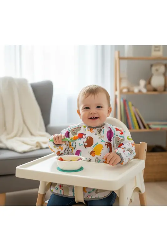 2-4 yaş, Zoo, Sıvı Geçirmez, Makinede Yıkanabilir, Cepli, Oeko-tex 100, Uzun Kollu Bebek Mama Önlüğü - 8