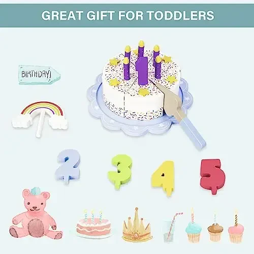 WoodenEdu Pretend Play Food for Toddlers 2-5,Wooden Birthday Fake Cake with Candles and Numbers,Tea Party Learning Kitchen Gift Toys for Boys Girls (Rainbow Cake) - 5