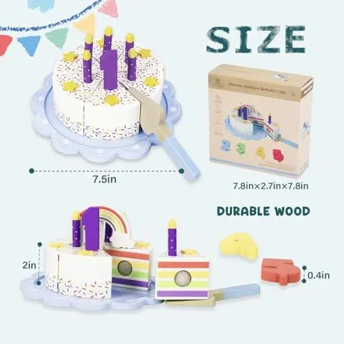 WoodenEdu Pretend Play Food for Toddlers 2-5,Wooden Birthday Fake Cake with Candles and Numbers,Tea Party Learning Kitchen Gift Toys for Boys Girls (Rainbow Cake) - WOODENEDU (1)