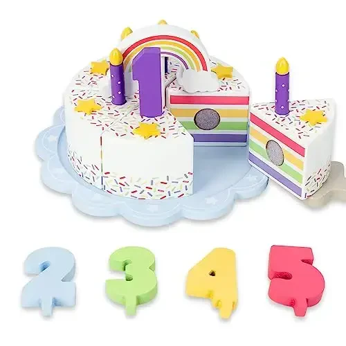 WoodenEdu Pretend Play Food for Toddlers 2-5,Wooden Birthday Fake Cake with Candles and Numbers,Tea Party Learning Kitchen Gift Toys for Boys Girls (Rainbow Cake) 