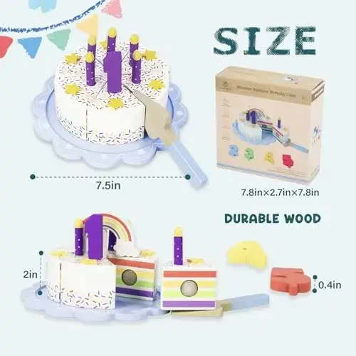 WoodenEdu Pretend Play Food for Toddlers 2-5,Wooden Birthday Fake Cake with Candles and Numbers,Tea Party Learning Kitchen Gift Toys for Boys Girls (Rainbow Cake) - WOODENEDU (1)