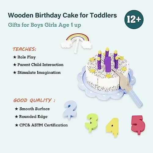 WoodenEdu Pretend Play Food for Toddlers 2-5,Wooden Birthday Fake Cake with Candles and Numbers,Tea Party Learning Kitchen Gift Toys for Boys Girls (Rainbow Cake) - 3