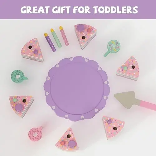 WoodenEdu Toddler Cake Toys for Toddlers 2-5,Wooden Pretend Play Food Fake Birthday Cake,Tea Party Learning Kitchen Gift Toy for Boys Girls (Cookies Cake) - 5