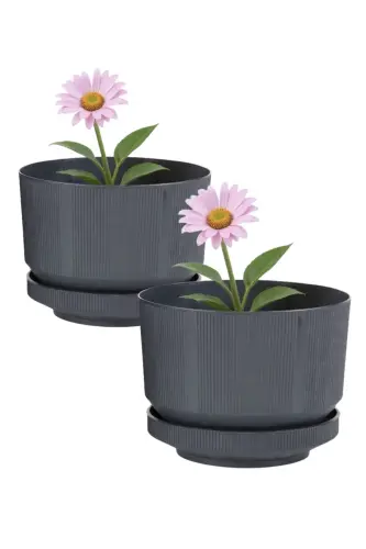 2 Adet 6 Litre Dekoratif Lüks Saksı Iç Dış Mekan Tabaklı Plastik Çiçek Saksısı Seti 22,5 * 18,5 cm. - ANTRASİT 2'Lİ - BLISS (1)