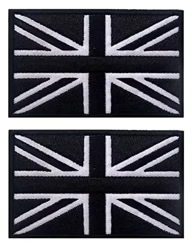 2 PCS AliPlus UK United Kingdom Flag Patches Embroidered Tactical Military Morale Patch Applique Fastener Hook and Loop(Black White) 