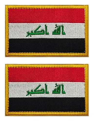 2 PCS AliPlus Iraq Flag Patches Embroidered Tactical Military Morale Patch Applique Fastener Hook and Loop(Yellow Border) - 1
