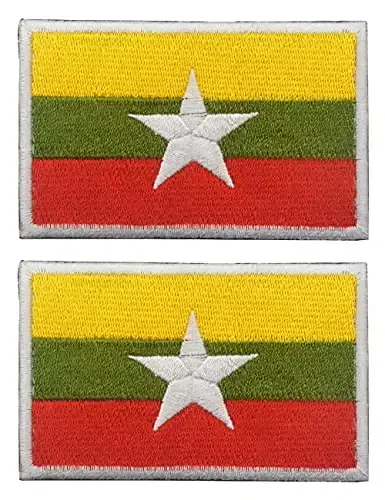 2 PCS AliPlus Myanmar Flag Patches Embroidered Tactical Military Morale Patch Applique Fastener Hook and Loop 