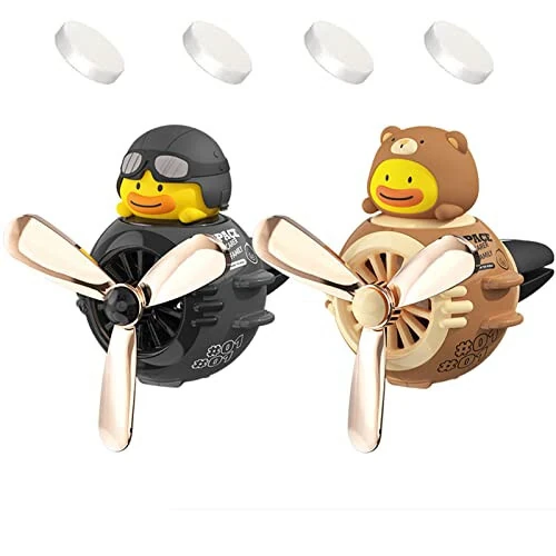 2 Pieces Car Air Fresheners, Cute Bear Pilot Car Diffuser, Propeller Air Outlet Vent Fresheners, Automotive Interiors Vent Decoration (Black+Brown) 