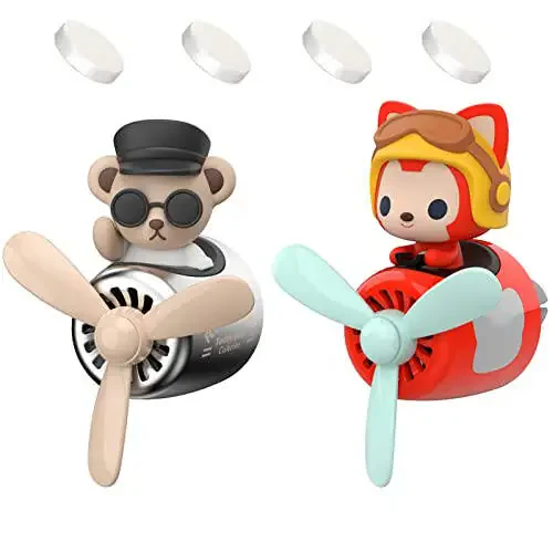2 Pieces Car Air Fresheners, Cute Bear Pilot Car Diffuser, Propeller Air Outlet Vent Fresheners, Suitable for Automotive Interior Decoration (Red+Silver) - 1