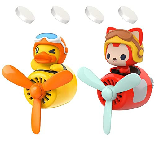 2 Pieces Car Air Fresheners, Cute Bear Pilot Car Diffuser, Propeller Air Outlet Vent Fresheners, Suitable for Automotive Interior Decoration (Duck+Fox) 