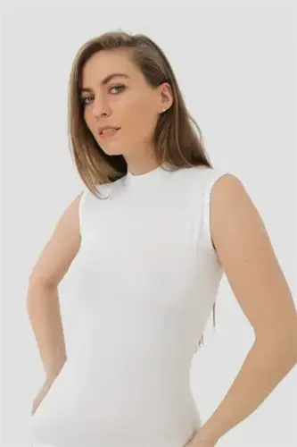 2 Adet Beyaz Bambu Kadın Balıkçı Yaka Sıfır Kol Body Boğazlı Kolsuz Badi - 3