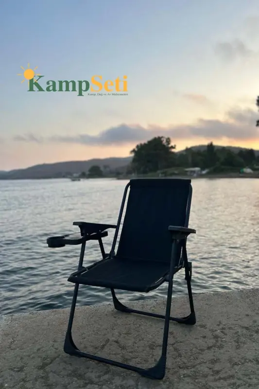 2 Adet Katlanır Kamp Sandalyesi-bardaklık Hediye-plaj Piknik Sandalyesi-m1-Siyah - 2