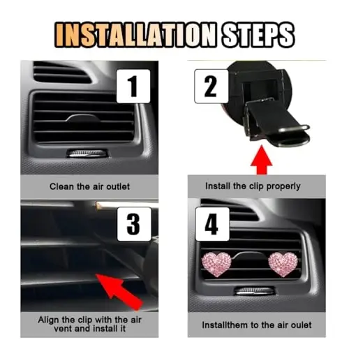 JOYCOURT 2PCS Crystal Diamond Car Air Vent Clip, Heart-Shaped Bling Charms Crystal Car Air Outlet Clip, Bling Car Interior Decorative Accessories for Women Girls (Heart-Shaped Pink) - 6