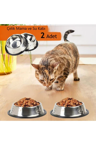 2 Adet Paslanmaz Çelik Mama Ve Su Kabı, Alt Taban 16 Cm Kedi Mama Kabı Köpek Mama Kabı (250 ML-8 OZ) - DUFFA