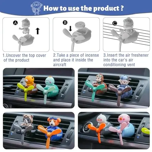 2Pcs Pilot Car Air Fresheners, Cute Rabbit Car Vent Clip Air Freshener with 8 Fragrant Tablets Automotive Air Outlet Fan Diffuser, Automotive Interiors Vent Decoration (Monkey+Rabbit) - 6