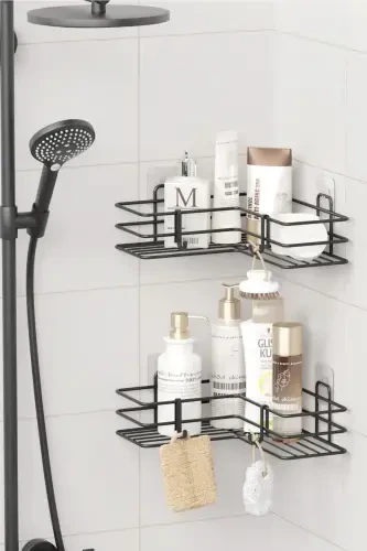 2 Adhesive Bathroom Corner Shelves, Shower Shampoo Holder, Wall Organizer Rack, Black Metal - ZABATA (1)
