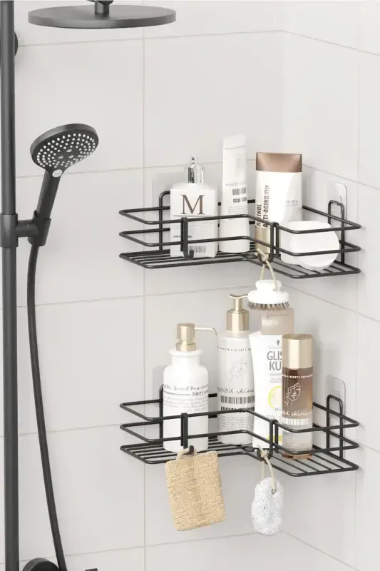 2 Adhesive Bathroom Corner Shelves, Shower Shampoo Holder, Wall Organizer Rack, Black Metal - 2