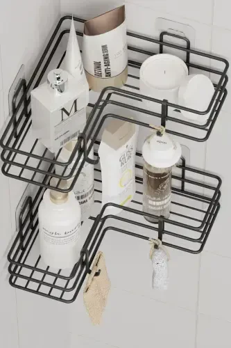 2 Adhesive Bathroom Corner Shelves, Shower Shampoo Holder, Wall Organizer Rack, Black Metal - 3