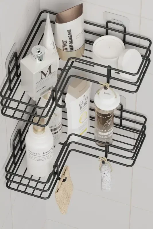 2 Adhesive Bathroom Corner Shelves, Shower Shampoo Holder, Wall Organizer Rack, Black Metal - 3