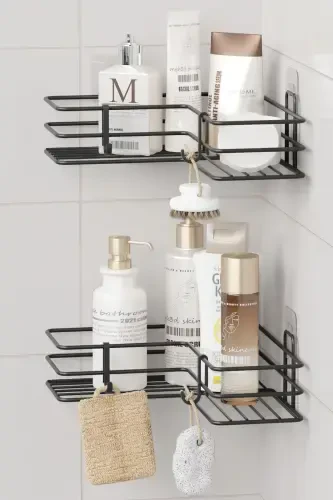 2 Adhesive Bathroom Corner Shelves, Shower Shampoo Holder, Wall Organizer Rack, Black Metal - 4