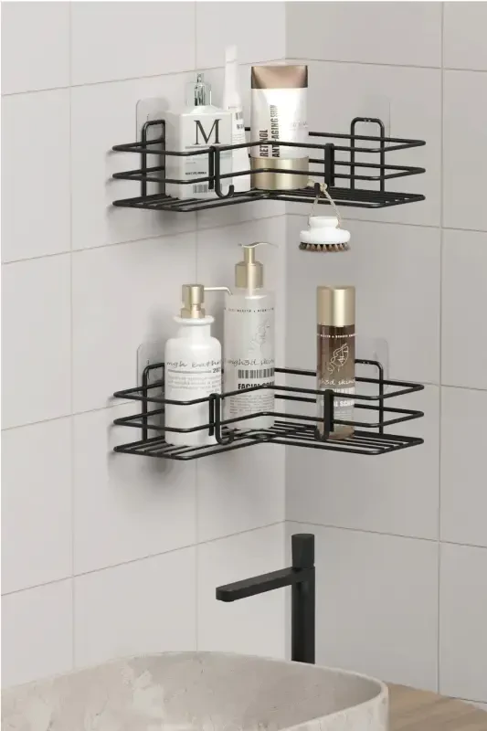 2 Adhesive Bathroom Corner Shelves, Shower Shampoo Holder, Wall Organizer Rack, Black Metal - 5
