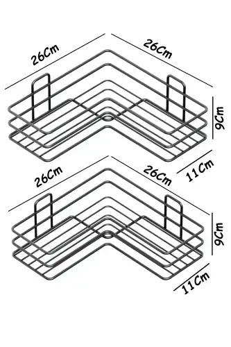 2 Adhesive Bathroom Corner Shelves, Shower Shampoo Holder, Wall Organizer Rack, Black Metal - 6
