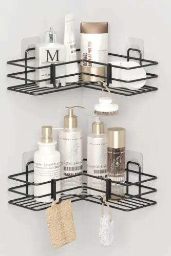 2 Adhesive Bathroom Corner Shelves, Shower Shampoo Holder, Wall Organizer Rack, Black Metal - 1
