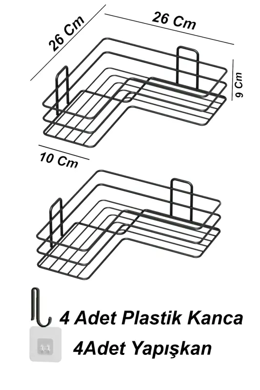 2 Adhesive Bathroom Corner Shelves, Shower Shampoo Holder, Wall Organizer Rack, Black Metal - 6