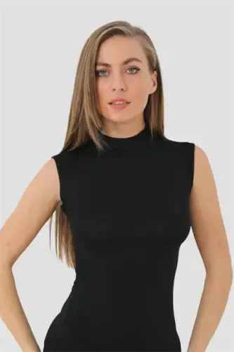 2 Black Bamboo Women's Turtleneck Sleeveless Zero Sleeve Body Stocking Collarless Tank Top - 3