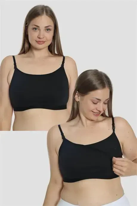 2 Black Women's Nursing Half Tank Cami Strappy Lycra - 1