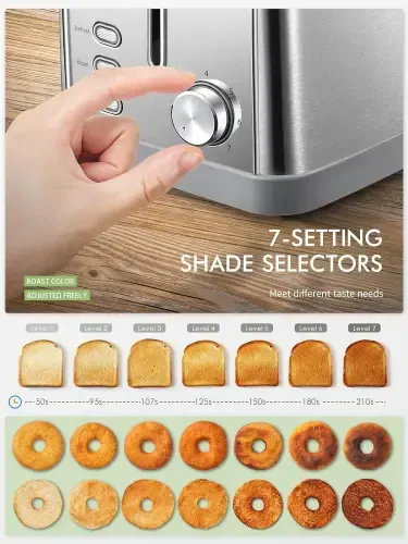 2 bo'lakli tost mashinasi, Retro Bagel Toster, 7 ta non soyalari sozlamalari, 2 ta qo'shimcha keng uyalar, muzdan tushirish/bagel/bekor qilish funktsiyasi, olinadigan qoldiq patnis, Yabano zanglamaydigan po'latdan yasalgan tost mashinasi, kumush rang. - 4