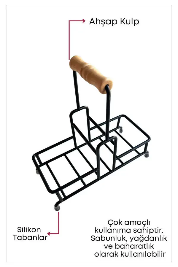 2 Bölmeli Çok Amaçlı Ahşap Kulplu Metal Stand Düzenleyici Organizer- Sıvı Sabunluk- Yağdanlık Standı - 4