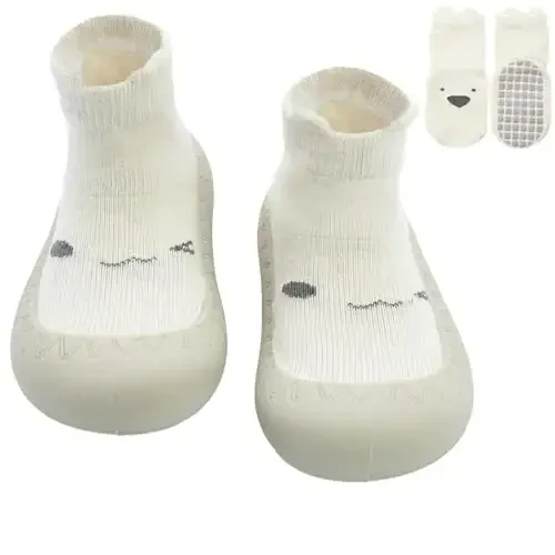 2 Pair Caroon Non-slip Baby Shoes, Slippers for Boys & Girls - Soft Rubber Grippers, Khaki, White, Pink, Blue - Infant First Walking Shoes, 6-12, 12-18, 18-24 Months 