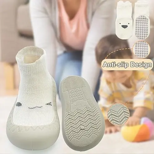 2 Pair Caroon Non-slip Baby Shoes, Slippers for Boys & Girls - Soft Rubber Grippers, Khaki, White, Pink, Blue - Infant First Walking Shoes, 6-12, 12-18, 18-24 Months - 5