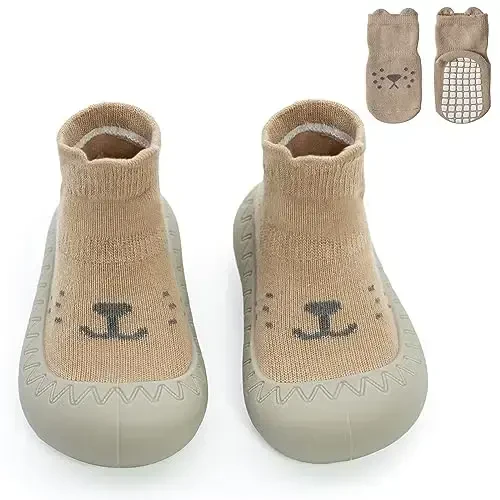 2 Pair Caroon Non-slip Baby Shoes, Slippers for Boys & Girls - Soft Rubber Grippers, Khaki, White, Pink, Blue - Infant First Walking Shoes, 6-12, 12-18, 18-24 Months - 1