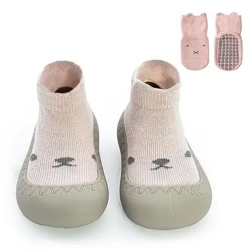 2 Pair Caroon Non-slip Baby Shoes, Slippers for Boys & Girls - Soft Rubber Grippers, Khaki, White, Pink, Blue - Infant First Walking Shoes, 6-12, 12-18, 18-24 Months - 2