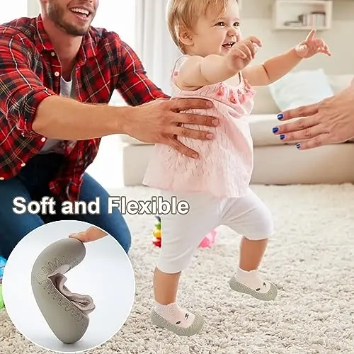 2 Pair Caroon Non-slip Baby Shoes, Slippers for Boys & Girls - Soft Rubber Grippers, Khaki, White, Pink, Blue - Infant First Walking Shoes, 6-12, 12-18, 18-24 Months - 4