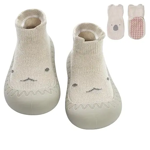 2 Pair Caroon Non-slip Baby Shoes, Slippers for Boys & Girls - Soft Rubber Grippers, Khaki, White, Pink, Blue - Infant First Walking Shoes, 6-12, 12-18, 18-24 Months - 1