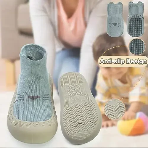 2 Pair Caroon Non-slip Baby Shoes, Slippers for Boys & Girls - Soft Rubber Grippers, Khaki, White, Pink, Blue - Infant First Walking Shoes, 6-12, 12-18, 18-24 Months - 4