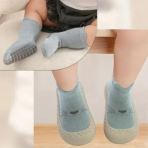 2 Pair Caroon Non-slip Baby Shoes, Slippers for Boys & Girls - Soft Rubber Grippers, Khaki, White, Pink, Blue - Infant First Walking Shoes, 6-12, 12-18, 18-24 Months - 6