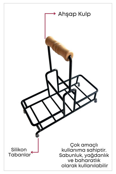 2-Compartment Multipurpose Wooden Handle Metal Stand Organizer - Liquid Soap Dispenser - Oil Dispenser Stand - 13