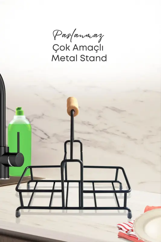 2-Compartment Multipurpose Wooden Handle Metal Stand Organizer - Liquid Soap Dispenser - Oil Dispenser Stand - 3