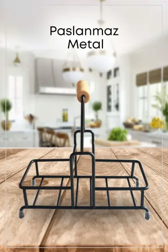 2-Compartment Multipurpose Wooden Handle Metal Stand Organizer - Liquid Soap Dispenser - Oil Dispenser Stand - 5