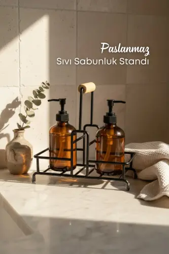 2-Compartment Multipurpose Wooden Handle Metal Stand Organizer - Liquid Soap Dispenser - Oil Dispenser Stand - 8